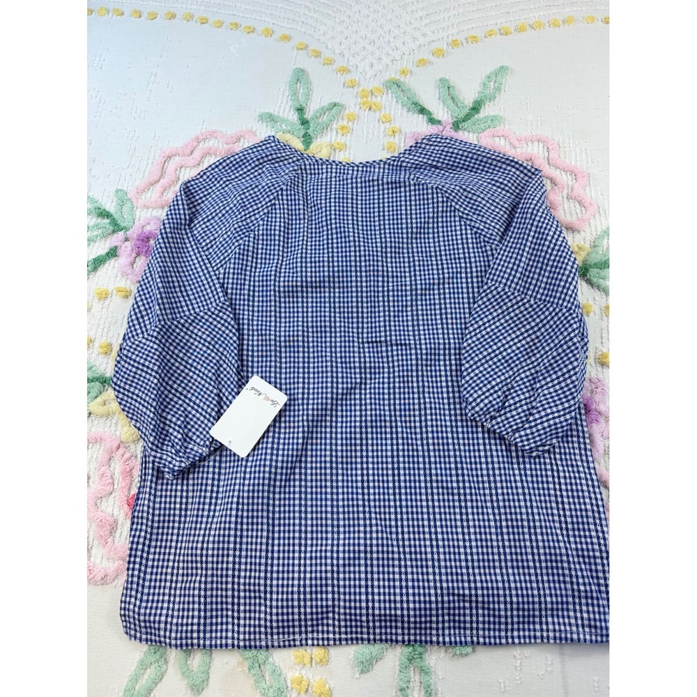 Leo Nicole Blue Gingham Tie Neck Blouse Women's Size‎ Small Puff Sleeve - Picture 2 of 7